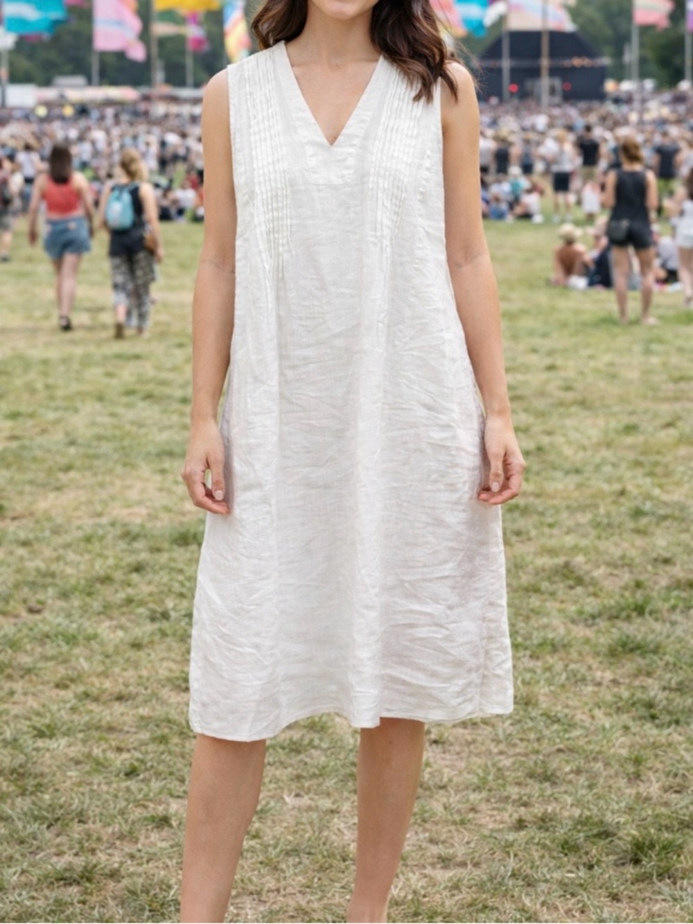 J.Jill Pure Jill White Linen Dress L Sleeveless Pintuck V Neck NWT